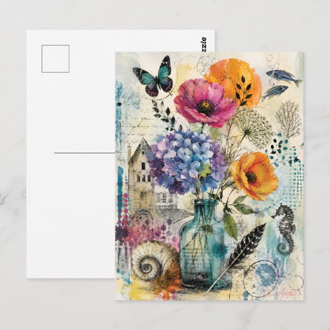 Carte Postale Art de collage mixte botanique vibrant (Devant / Derrière)