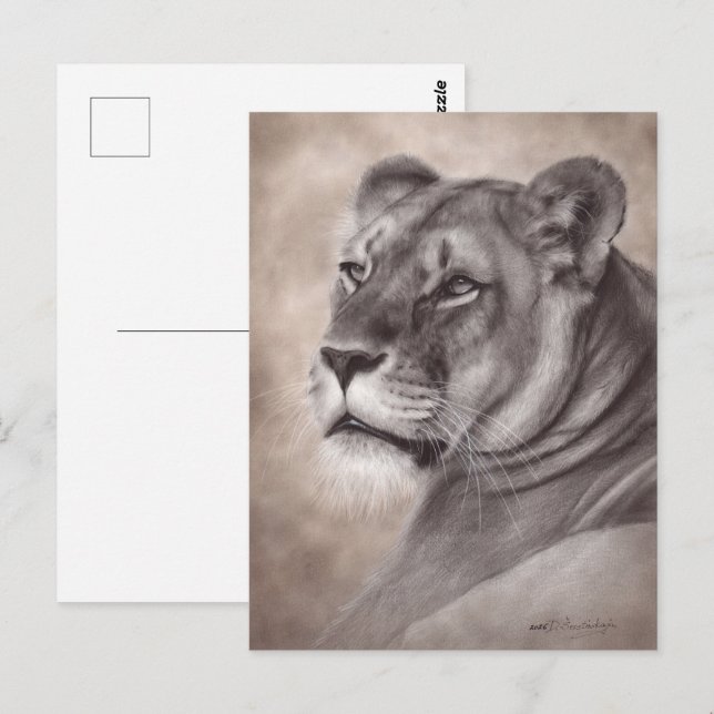 Carte Postale Art de faune de lionne peinte à la main (Devant / Derrière)