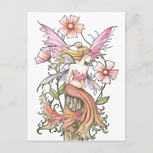 Carte Postale Art de Fée à Fleur Rose (Devant)