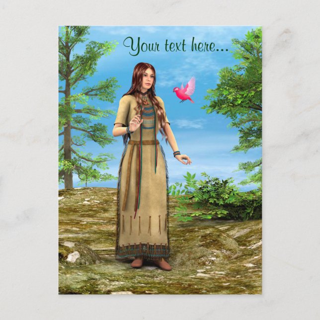 Carte Postale Art de femme amérindienne forêt oiseau (Devant)