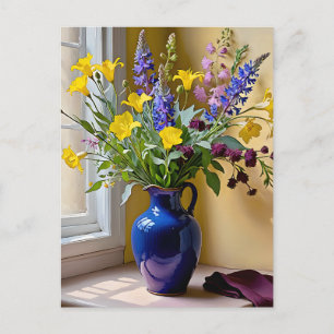 Carte Postale Art de floraisons bleues jaunes violettes