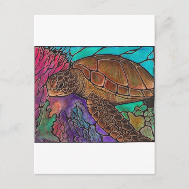 Carte Postale Art de la tortue marine...superbe style vitrail ! (Devant)