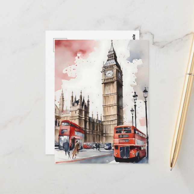 Carte Postale Art de l'aquarelle à Londres (Devant/Arrière en situation)