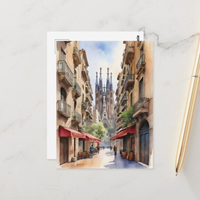 Carte Postale Art de l'aquarelle de Barcelone (Devant/Arrière en situation)