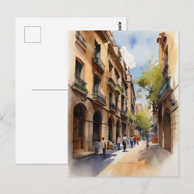 Carte Postale Art de l'aquarelle de Barcelone (Devant / Derrière)
