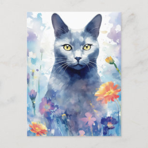 Carte Postale Art de l'aquarelle de chat bleu russe