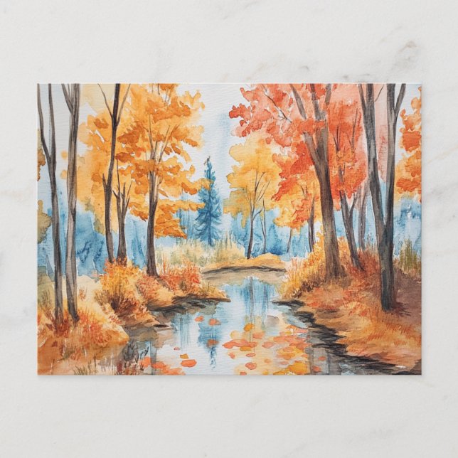 Carte Postale Art de l'aquarelle de la forêt d'automne (Devant)