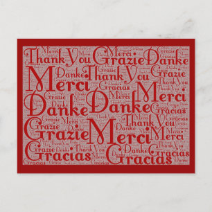 Carte Postale Art de mots : Merci dans plusieurs langues - Rouge