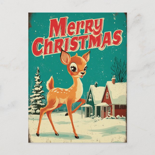 Carte Postale Art de Noël cerf vintage joyeux (Devant)