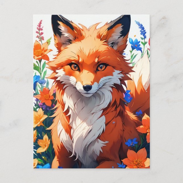 Carte Postale Art de renard aux fleurs (Devant)