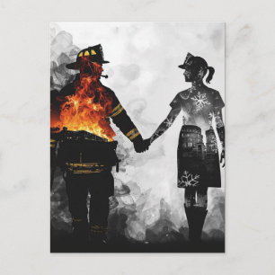 Carte Postale Art de silhouette de couple infirmière et pompier