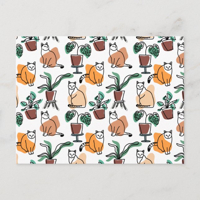 Carte Postale Art de trait dessin chats et fleurs (Devant)