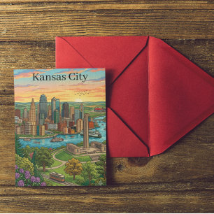 Carte Postale Art de voyage de la skyline de Kansas City vintage