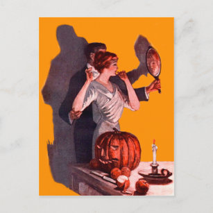 Carte Postale Art Déco Couple Mirror Jack-o'-lantern Citrouille