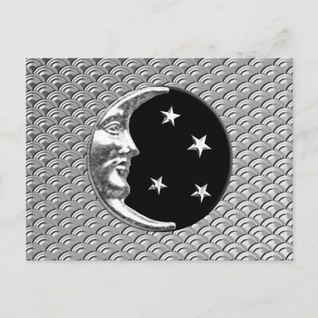 Carte Postale Art Déco Lune et étoiles - Noir et Argent (Devant)