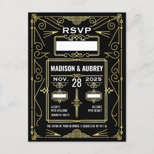 Carte Postale Art Déco Mariage Classy Gold Noir Réponse RSVP