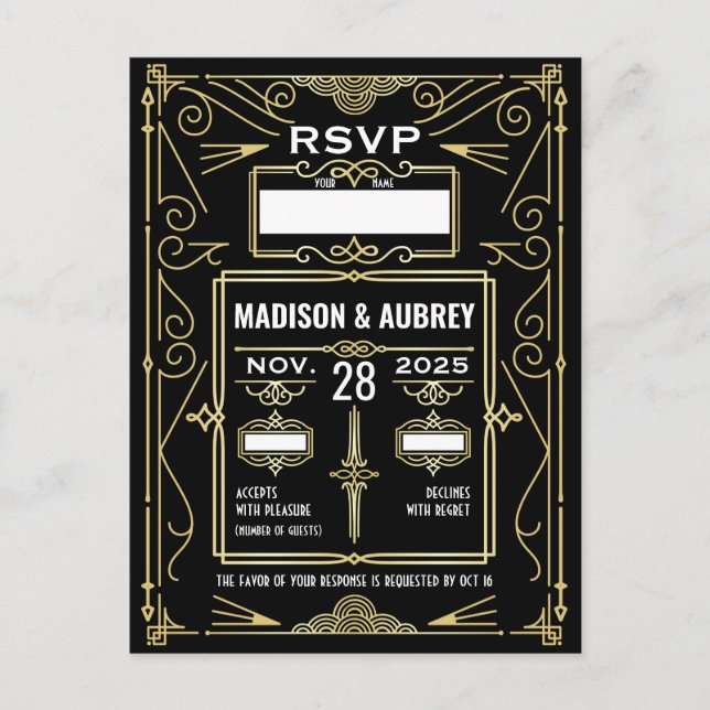 Carte Postale Art Déco Mariage Classy Gold Noir Réponse RSVP (Devant)