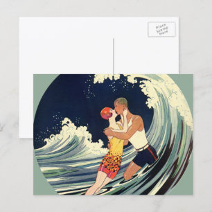 Carte Postale Art Déco vintage, amants s'embrassant à la plage