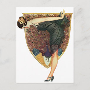 Carte Postale Art Déco vintage Flapper au paon