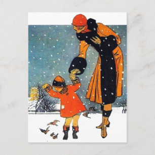 Carte Postale Art Déco vintage Hiver Mère et Enfant dans la Neig