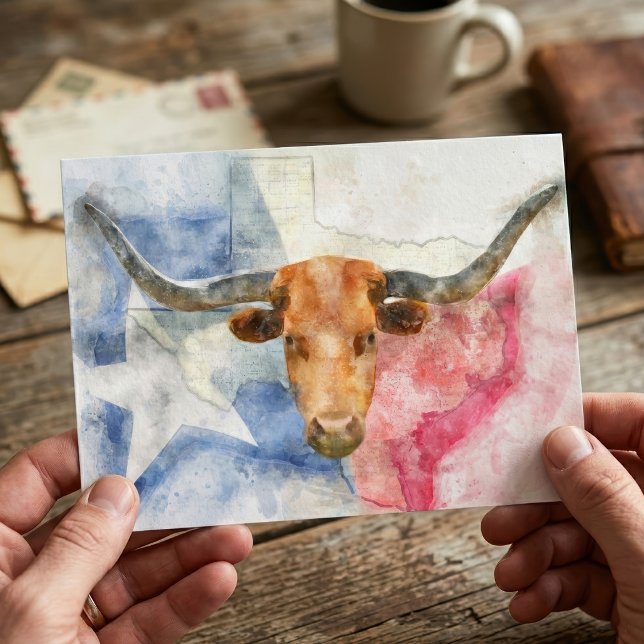 Carte Postale Art d'impression à l'aquarelle représentant une va (Texas Longhorn Cow and Flag Watercolor Print Art. Postcard)