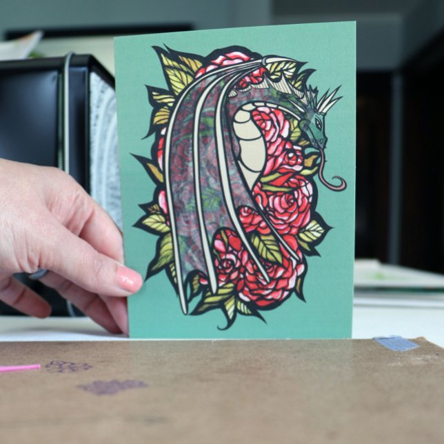 Carte Postale Art Dragon Roses Rouge (Créateur téléchargé)