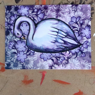 Carte Postale Art du cygne rose et violet OEuvre d'art des cygne