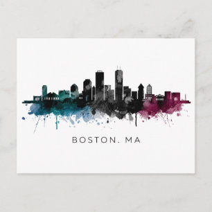 Carte Postale Art du Massachusetts   Aquarelle de la skyline de 