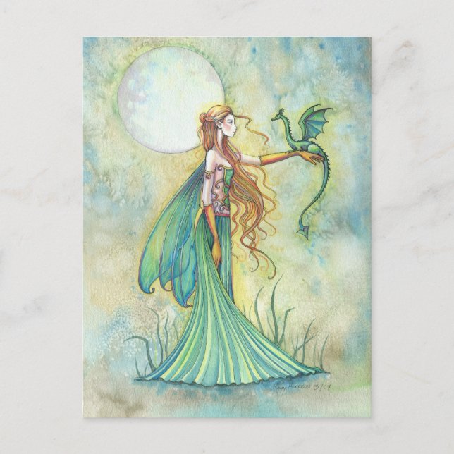 Carte Postale Art fantastique de Fée verte et Dragon (Devant)