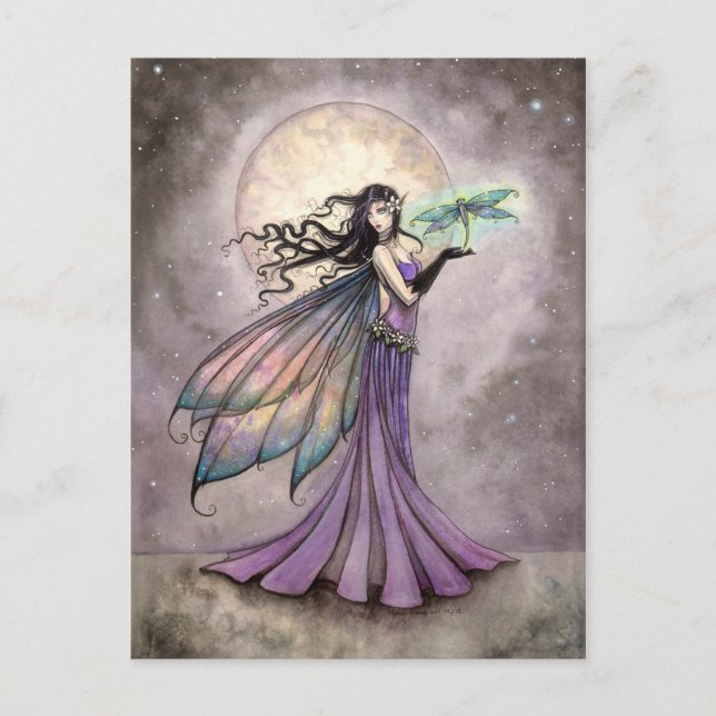 Carte Postale Art Fantastique Mystique de Fée et Libellule (Devant)