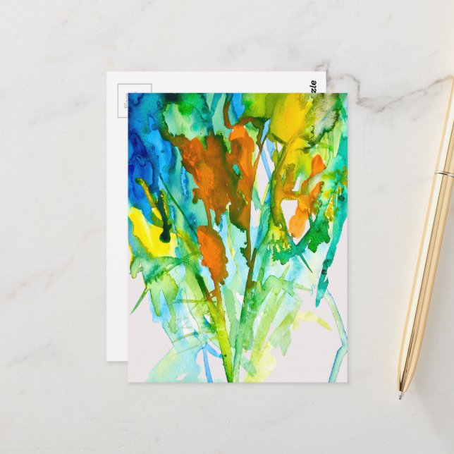 Carte Postale Art floral abstrait aquarelle (Devant/Arrière en situation)