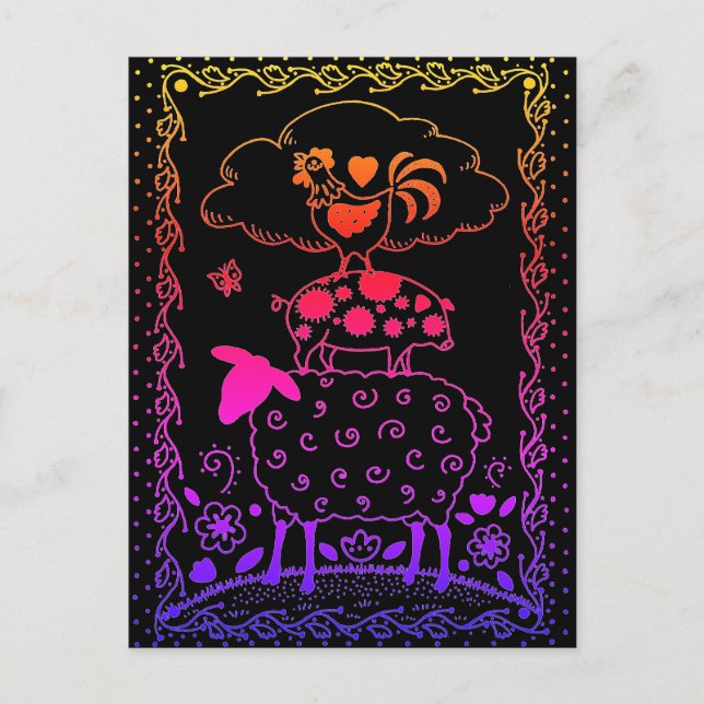 Carte Postale ART FOLAIRE ANIMAUX DE FERME MOULER PIG ROOSTER Pr (Devant)