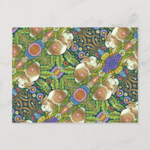 CARTE POSTALE ART FOLK RABBIT & BLUEBIRD DANS LE JARDIN SECRET