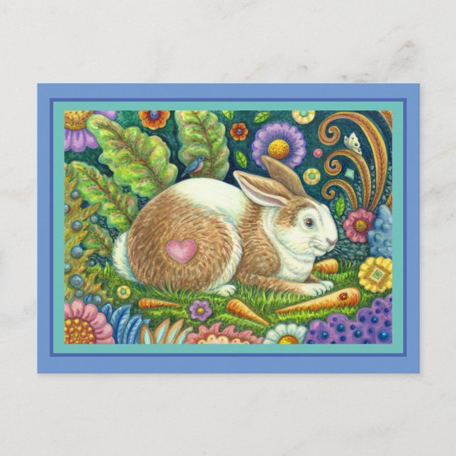 CARTE POSTALE ART FOLK RABBIT & BLUEBIRD DANS LE JARDIN SECRET (Devant)