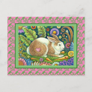 CARTE POSTALE ART FOLK RABBIT & BLUEBIRD DANS LE JARDIN SECRET