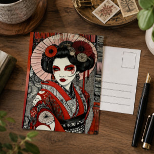 Carte Postale Art gothique inspiré de geisha japonaise rouge noi
