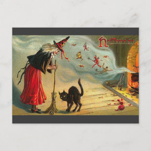Carte Postale Art Halloween vintage - Le chat rencontre la sorci