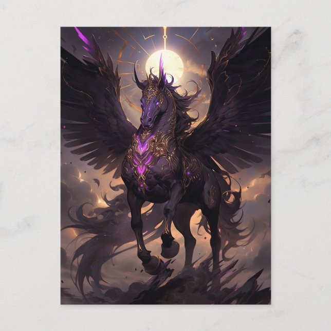Carte Postale Art Imaginaire noir violet Unicorne (Devant)