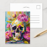 Carte Postale Art moderne Vie morte Crâne et fleurs Abstraits<br><div class="desc">Un tableau moderne de style impressionniste représentant une vie morte d'un crâne entouré de fleurs vives aux couleurs pastel vives. Les coups de pinceau doux et vifs mêlent les tons rose, vert, bleu et jaune, créant un contraste entre les flancs délicats et le crâne symbolique et crâne cru. Cette oeuvre...</div>