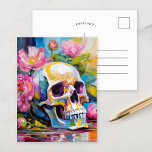 Carte Postale Art moderne Vie morte Crâne et fleurs Abstraits<br><div class="desc">Un tableau moderne de style impressionniste représentant une vie morte d'un crâne entouré de fleurs vives aux couleurs pastel vives. Les coups de pinceau doux et vifs mêlent les tons rose, vert, bleu et jaune, créant un contraste entre les flancs délicats et le crâne symbolique et crâne cru. Cette oeuvre...</div>