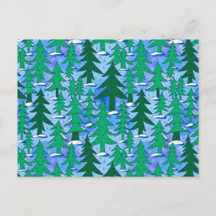Carte Postale Art Naïf Forêt de Sapins Hiver Vert Bleu