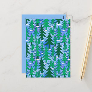 Carte Postale Art Naïf Forêt de Sapins Hiver Vert Bleu