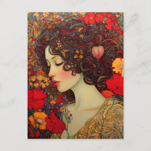 Carte Postale Art Nouveau Une femme au milieu des coquelicots ro