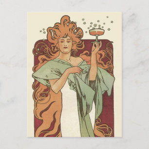 Carte Postale Art Nouveau vintage par Mucha, Champagne Party