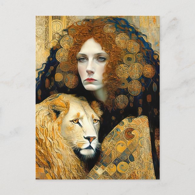 Carte Postale Art Nouveau Woman With Leon Inspired By Klimt (Devant)