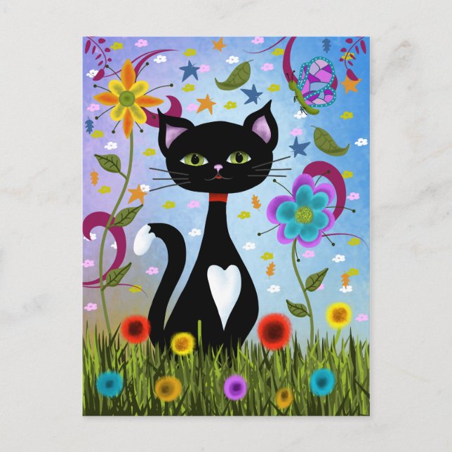 Carte Postale Art populaire abstrait : Chat noir et blanc charma (Devant)