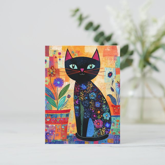 Carte Postale Art populaire de chat noir (Debout devant)