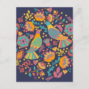 Carte Postale Art populaire mexicain coloré Oiseaux et fleurs Bl