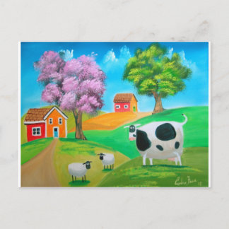 Carte Postale Art populaire peinture colorée de vache et de mout