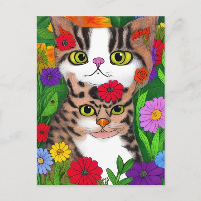 Carte Postale Art populaire Whimsical Chat et Fleurs (Devant)